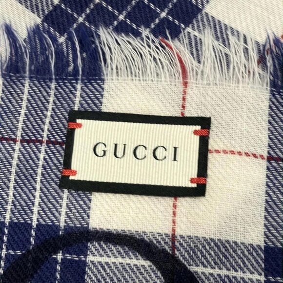 Auth GUCCI - Navy White Bordeaux Wool Scarf - Picture 8 of 10
